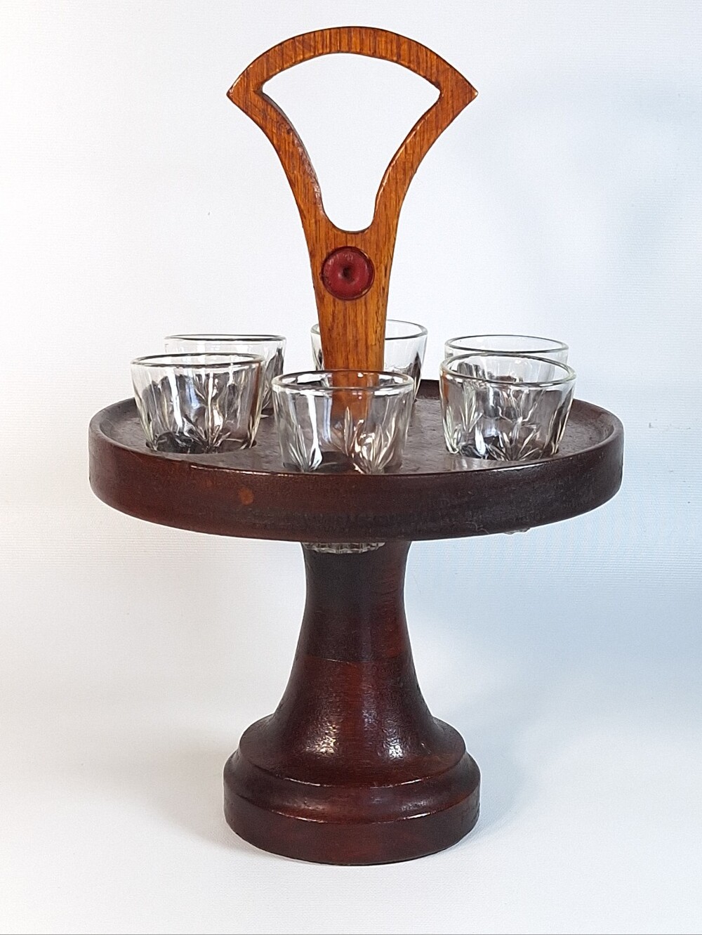Vintage MCM Wood Shot Glass Holder German Pressed Shot 6 Glasses Set